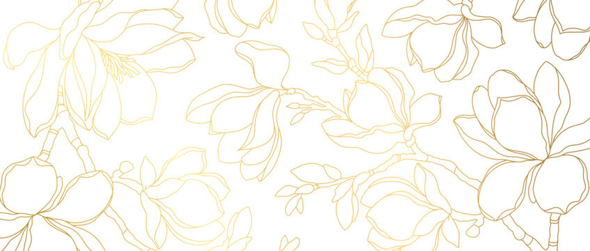 Luxury floral background with a golden Magnolia blossom pattern in a line art style. Hand drawn botanical elements. Vector illustration for card, banner, print, cover, wedding invitation, packaging