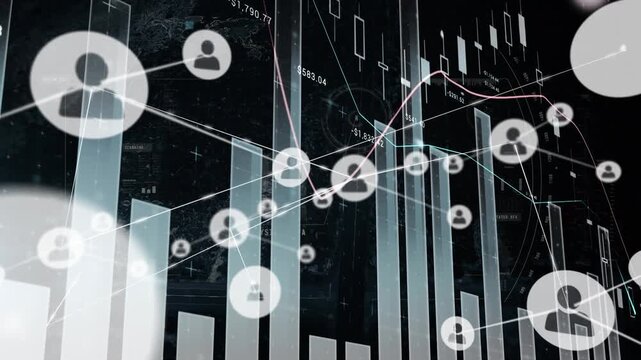 Animation of network of connections with icons over data processing on black background