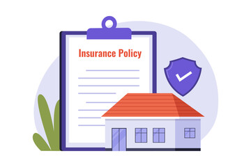 Residential Property Insurance Policy and Home Coverage Document Illustration. An illustration of a residential house in front of a giant insurance policy document with a safety shield