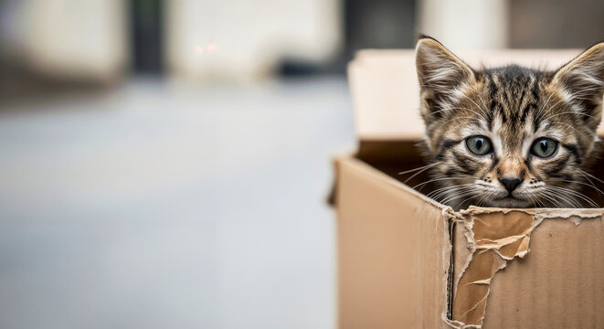 Homeless kitten in cardboard box symbolizing loneliness and hope
