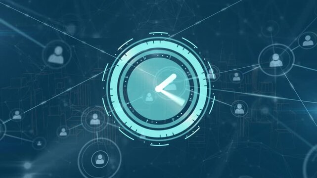 Animation of clock moving animation network of connections over clock