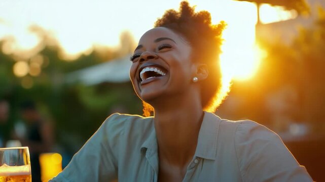 Woman laughing heartily at a restaurant table, with warm lighting and blurred background.
