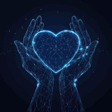 Digital wireframe glowing polygonal hands holding heart shape symbol on dark blue background charity care support concept vector illustration