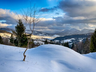 Mystical snowy Carpathian peaks under cloudy skies in the sunny weather