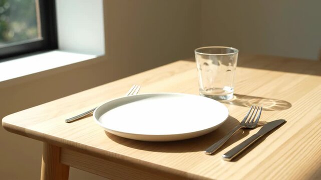 A simple dining setting with a white plate fork and knife rests on a light wooden table near a window casting natural light