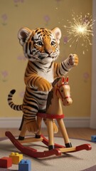 Playful Scene of a Tiger Plush on a Rocking Horse with Sparkler in a Cozy Indoor Setting.