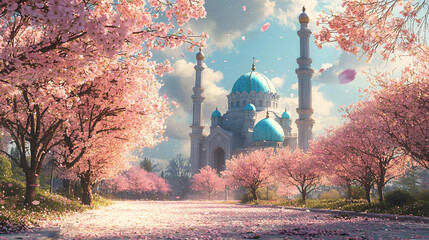 Mosque with Cherry Blossoms in Bloom and Falling Petals