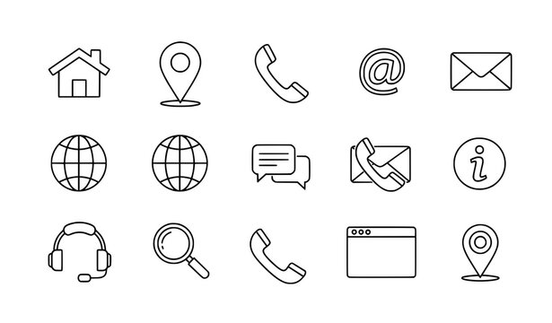 Thin line web and contact icon set with home, phone, email, location, and support symbols