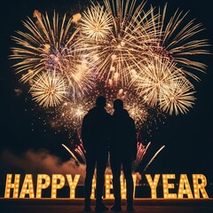 Silhouetted Couple Under Fireworks Celebrating New Year Night Sky.