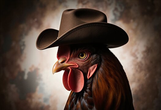 Stylish rooster wearing vintage hat portrait with dramatic lighting and rustic charm for farmhouse decor and country lifestyle concepts