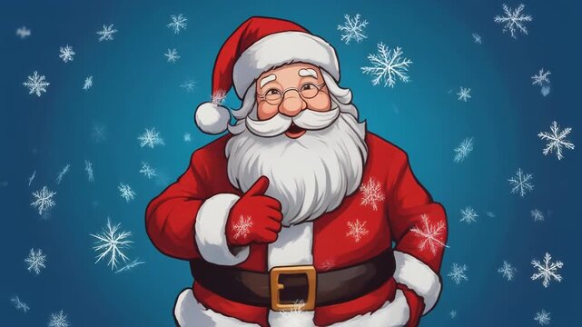 Cartoon Santa Claus Thumb Up Animation with Snowflakes on a Festive Blue Background