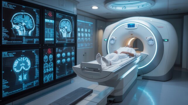 Patient undergoing an mri scan in a modern medical imaging room with brain scans displayed on monitors