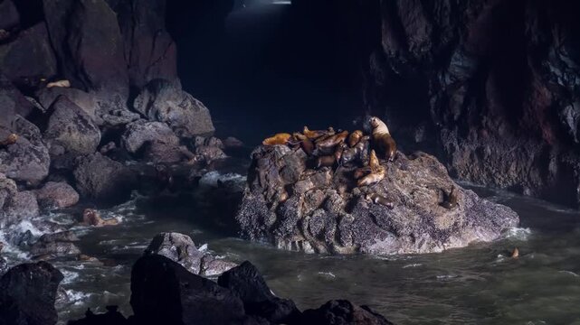 Footage of a large colony of wild Steller sea lions (Eumetopias jubatus) hauled out on a rocky perch inside the Sea Lion Caves, a privately owned wildlife preserve and America's largest sea cave syste
