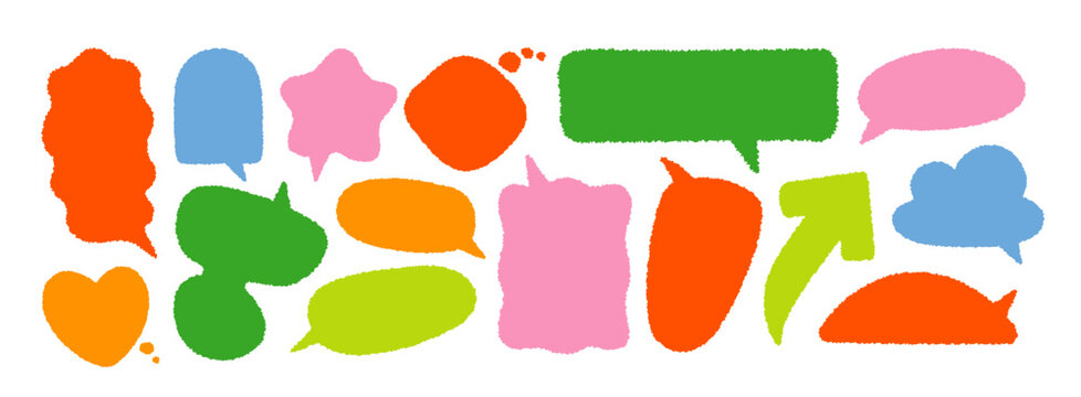 Crayon texture hand-drawn speech bubbles and textboxes in vivid bright colors. Cute doodle chat dialog frames. Colorful childish comic talk balloons. Colorful Japanese speech frames, dialog box bg