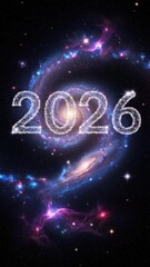 Vibrant cosmic swirl with a glowing 2026 in a starry galaxy scene.