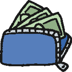 お札が出た青い長財布の手描きイラスト