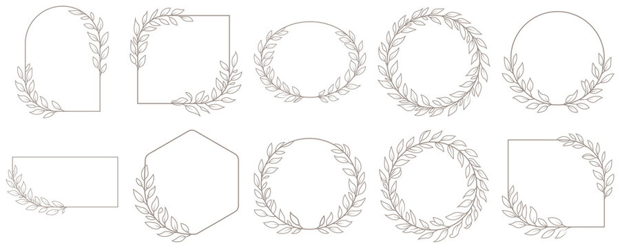 Logo design template and monogram concept in trendy linear style. Logo templates with hand drawn silhouettes of branches, flowers and leaves. Laurels frames branches with circle borders collection.