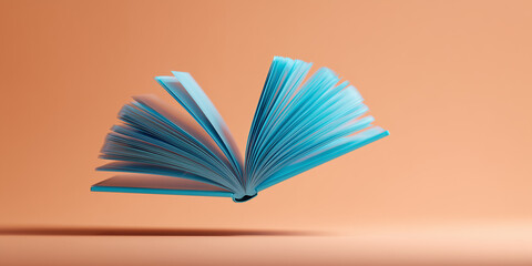 levitating cobalt blue book emitting a soft neon light from its pages represents the power of imagination and education innovation against a solid warm peach background.