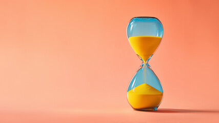 floating pastel blue hourglass filled with glowing yellow sand symbolizes time mindfulness and burnout recovery against a solid peach background.