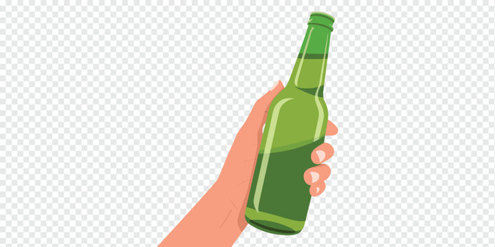 Hand Holding a Green Beer Bottle on Transparent Background, alcohol beverage concept