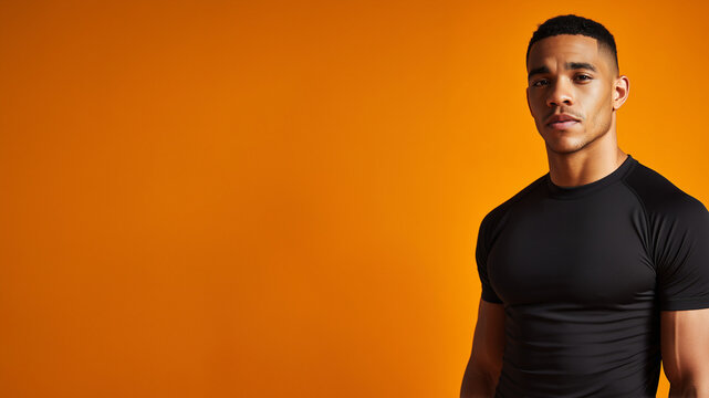 athletic man in a black compression shirt embodies strength through consistency and an active lifestyle against a solid vivid orange background.