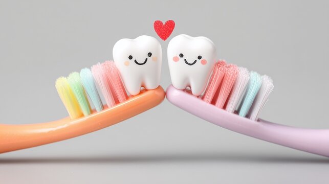 Two cartoon teeth on colorful toothbrushes show love with a heart, symbolizing dental care
