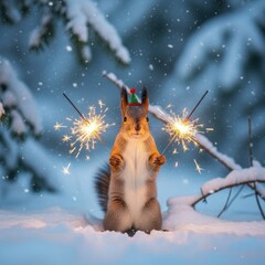 Playful red squirrel standing in snowy forest holding sparklers during a festive winter scene.