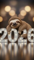 Playful sloth with festive 2020 digits and glowing bokeh lights.