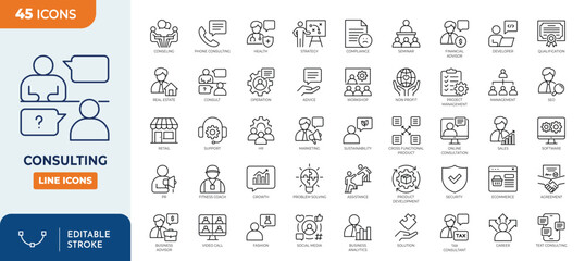 Obraz na płótnie Canvas Consulting line editable icon set. Containing consulting, advice, coaching, problem solving, solutions, expertise, guidance, planning, and more. Editable stroke. Vector illustration