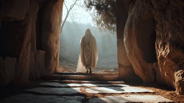 Serene depiction of Jesus Christ in flowing robes walking out of a cave into sunlight, symbolizing hope, renewal, and spiritual resurrection in a peaceful natural setting