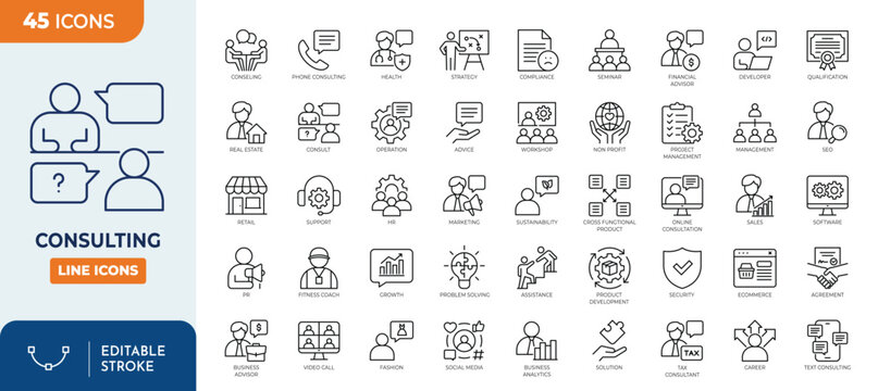 Consulting line editable icon set. Containing consulting, advice, coaching, problem solving, solutions, expertise, guidance, planning, and more. Editable stroke. Vector illustration