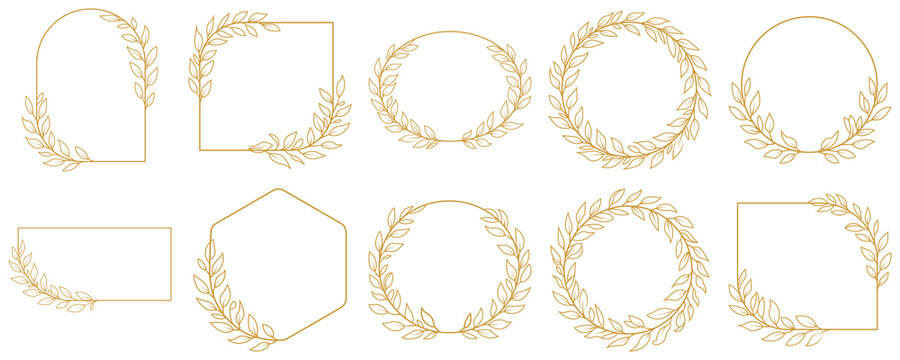 Boho Hand drawn line wedding herb, leaves for invitation save the date card. Golden vintage set includes decorative paper frames, text boxes and scrolling floral borders. Vector illustration.