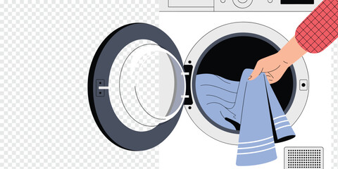 Hand Putting Laundry into Washing Machine, home cleaning concept