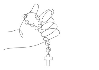Praying. Hand holding rosary. Continuous line drawing. Christianity religion concept.