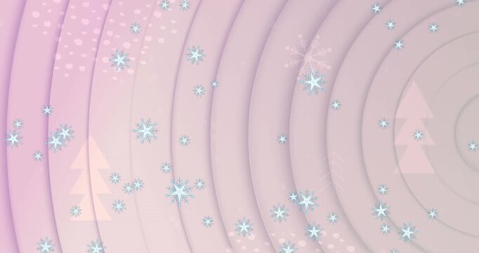 Animation of snow falling over christmas decoration and pattern