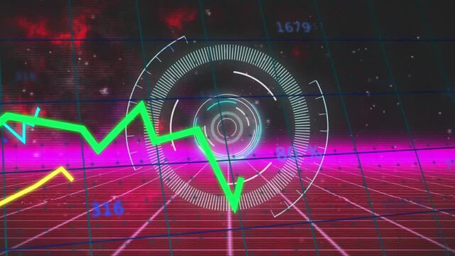 Animation of round scanner and data processing over pink grid network against space