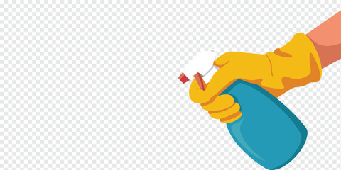 Hand in Yellow Glove Holding Cleaning Spray Bottle, household cleaning concept
