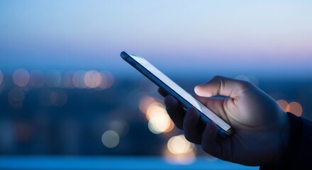 Hand using glowing smartphone against night city bokeh background