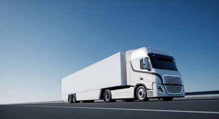 Modern white electric semi-truck driving on highway with copy space