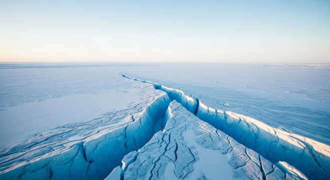 Deep blue crevasse splitting frozen arctic ice shelf from above
