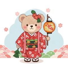 Charming illustrated bear wearing a red kimono and holding a lantern in a festive spring scene.