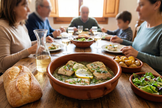 Comida familiar tradicional con merluza en salsa verde servida en cazuela de barro en el centro de una mesa r&uacute;stica de madera