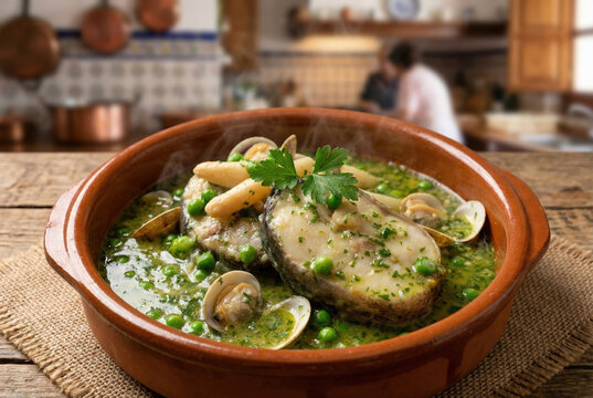 Guiso tradicional de merluza en salsa verde con almejas, esp&aacute;rragos blancos y guisantes servido en cazuela de barro r&uacute;stica