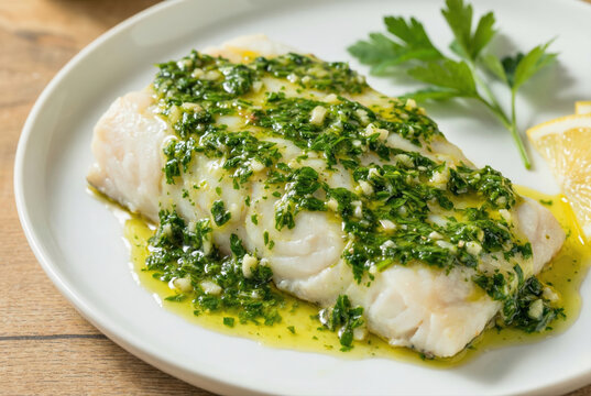 Primer plano de un jugoso lomo de merluza al horno ba&ntilde;ado en una salsa virgen de aceite de oliva, ajo picado y abundante perejil fresco en un plato blanco