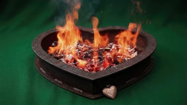 Burning charcoal fire in rusty heart shaped metal container with love locket on green background