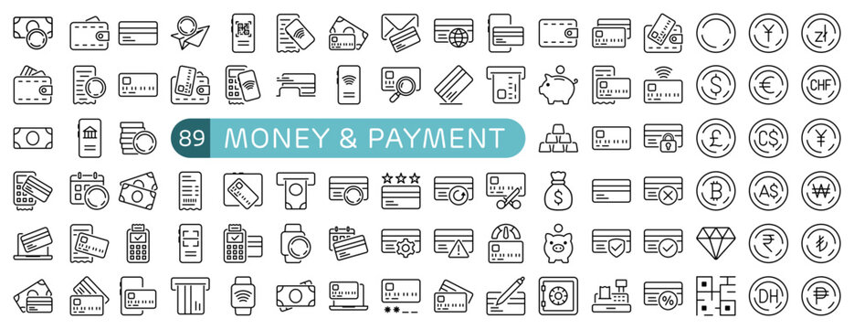 Money and Payment Essentials Icon Set Outline