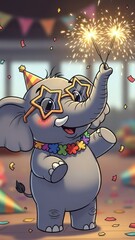 Playful Cartoon Elephant Celebrates with Fireworks, Confetti, and Colorful Party Lights.
