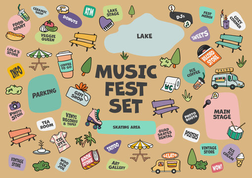 Colorful hand-drawn doodle vector set of cute cartoon icons and stickers for music festivals, backyard parties, concerts, fairs, outdoor events, maps, posters, and playful branding designs.