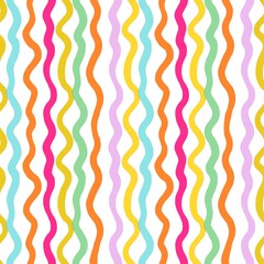Seamless festive pattern with colorful wavy stripes on a white background. Bright playful lines create a joyful rhythm, perfect for Holi festival, parties, celebrations, kids textiles, wrapping paper,