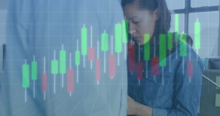 Animation of financial data processing over caucasian businesswoman using tablet in office - Powered by Adobe